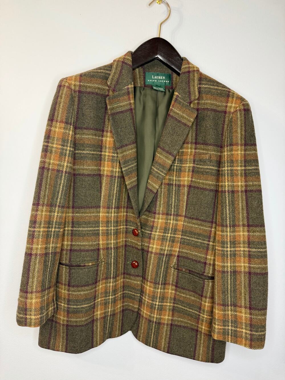 VGT Lauren Ralph Lauren Wool Plaid Blazer Y2K Classic Equestrian Elbow Patch 14